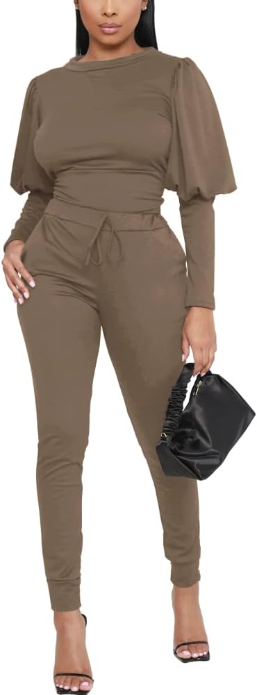 HBQ Women 2 Pieces Outfits Puff Sleeve Top And Jogger Pants Sweatpants Set Tracksuits