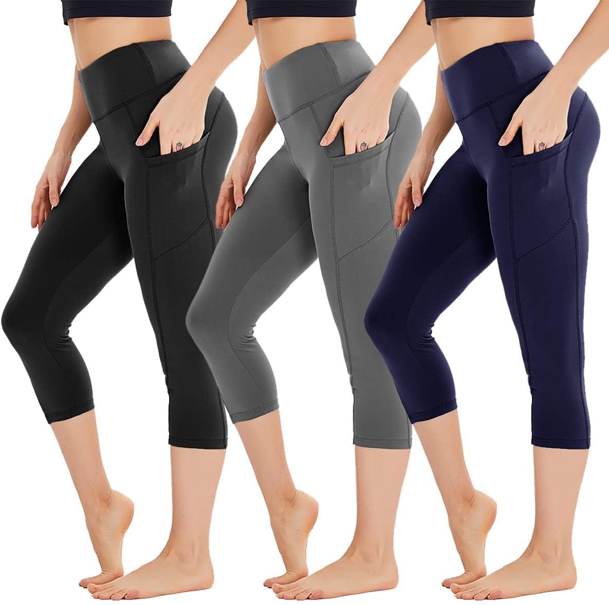 HIGHDAYS 3 Pack Capri Leggings for Women with Pockets – High Waist Workout Running Yoga Pants
