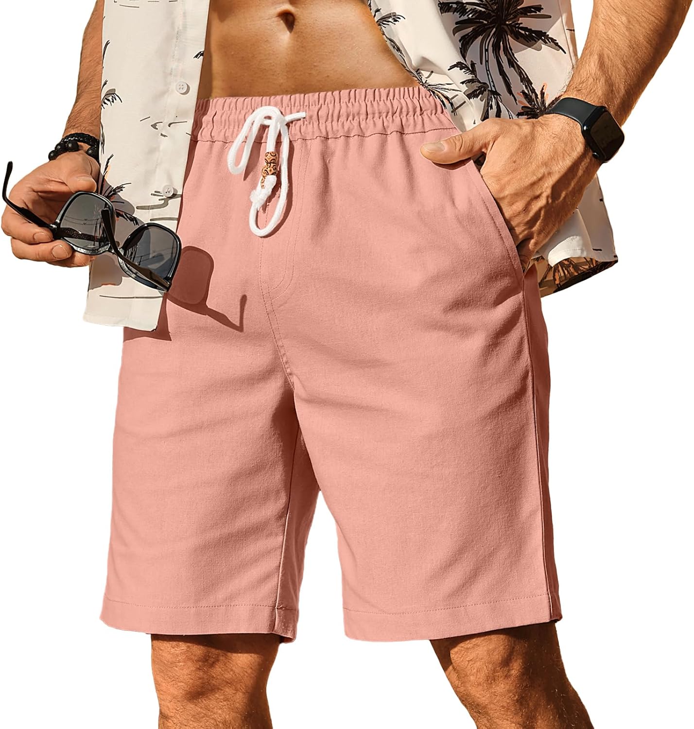 HOTake Men’s Linen Shorts Summer Beach Shorts for Men Elastic Waist Drawstring Shorts
