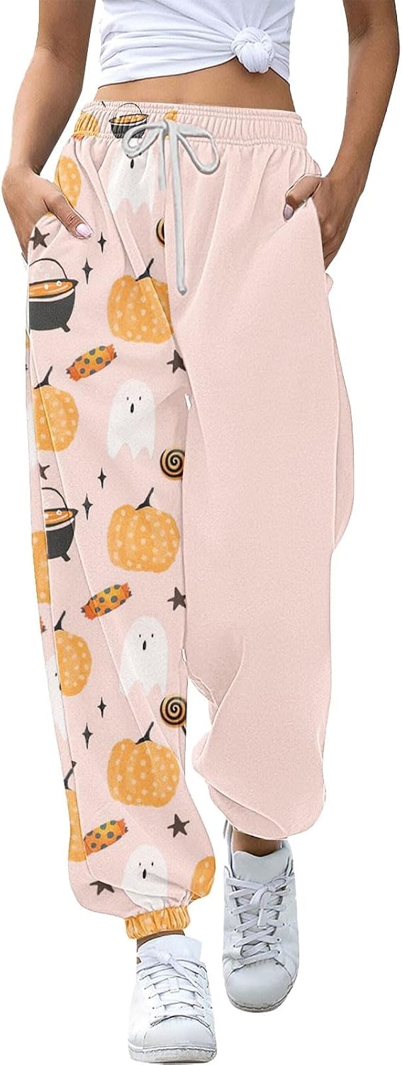 Halloween Cinch Bottom Sweatpant for Women Drawstring Pumpkin Print Fleece Jogger High Waist Wide Leg Athletic Pant