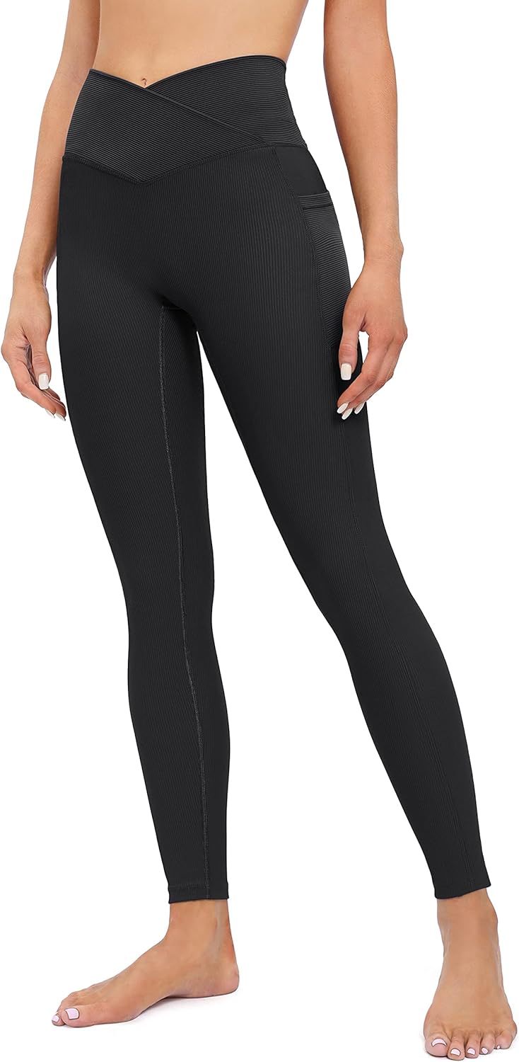 Heathyoga Crossover Leggings with Pockets for Women High Waisted Yoga Pants with Pockets Cross Waist Workout Leggings