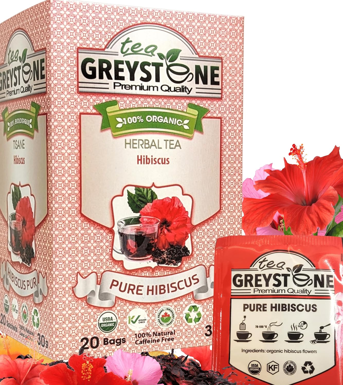 Hibiscus Tea – Hibiscus Flower – 20 Hibiscus Tea Bags Organic Made with 100% USDA Pure Hibiscus Flower – No Additives – 20 Individually wrapped Hibiscus Tea bags – Te Hibisco Organica