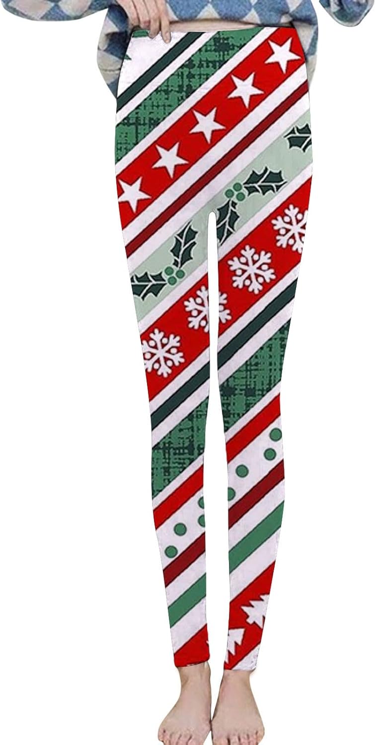 High Waisted Christmas Leggings for Women， Tummy Control Workout Pants Warm Print Holiday Legging Tights