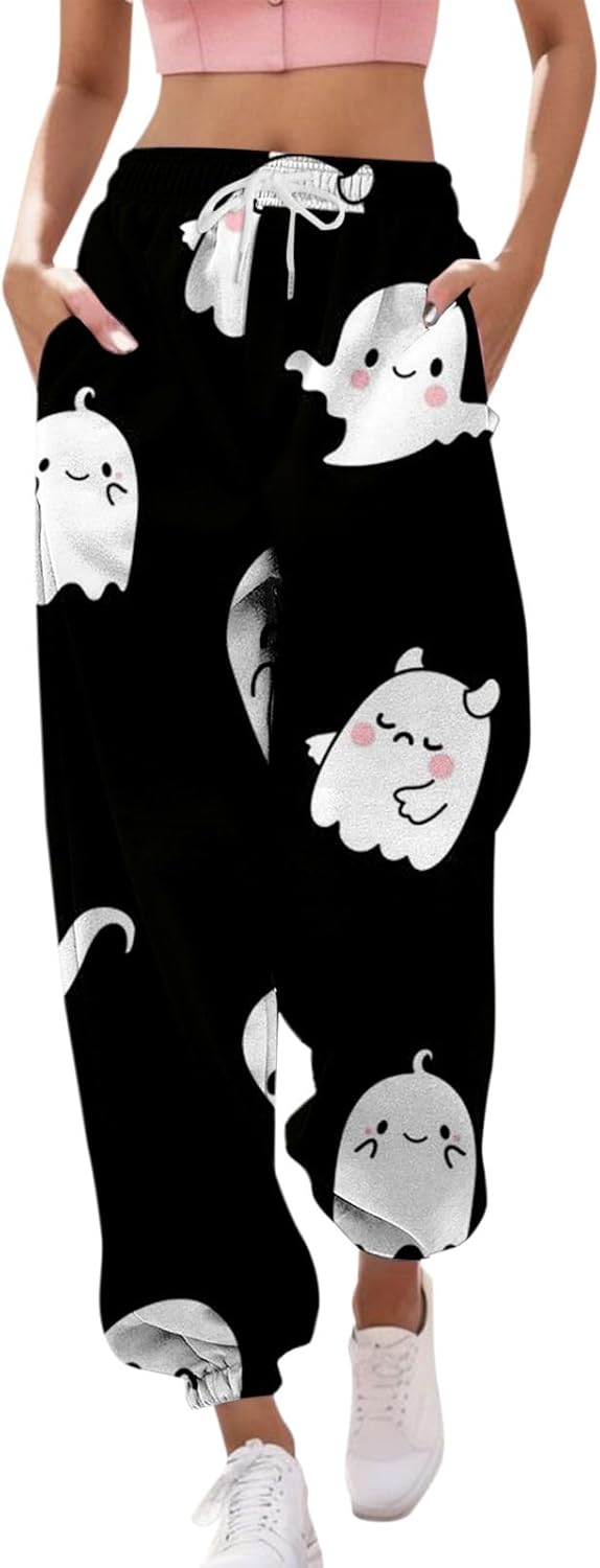 Holloween Sweatpants for Women Plaid Ghost Printed High Waisted Wide Leg Pants Work Casual Loose Fit Lounge Joggers