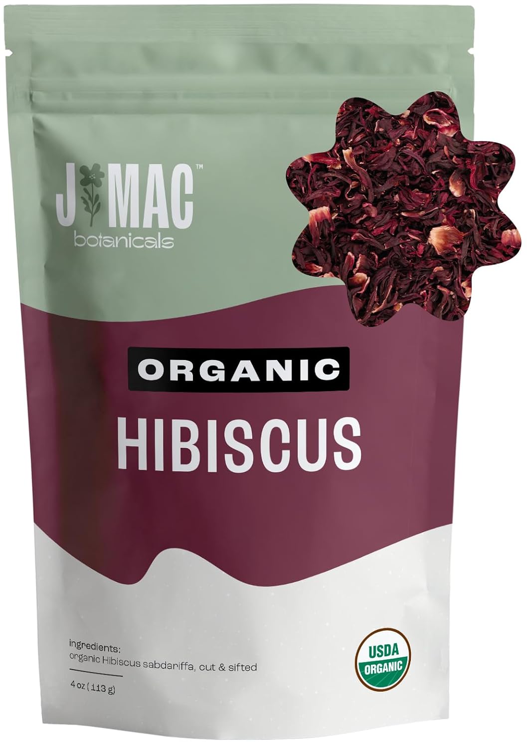 J Mac Botanicals, Organic Hibiscus Flower (4 ounce), Hibiscus tea, cut & sifted flowers, dried from Egypt, herbal tea leaves, Flor de Jamaica, edible