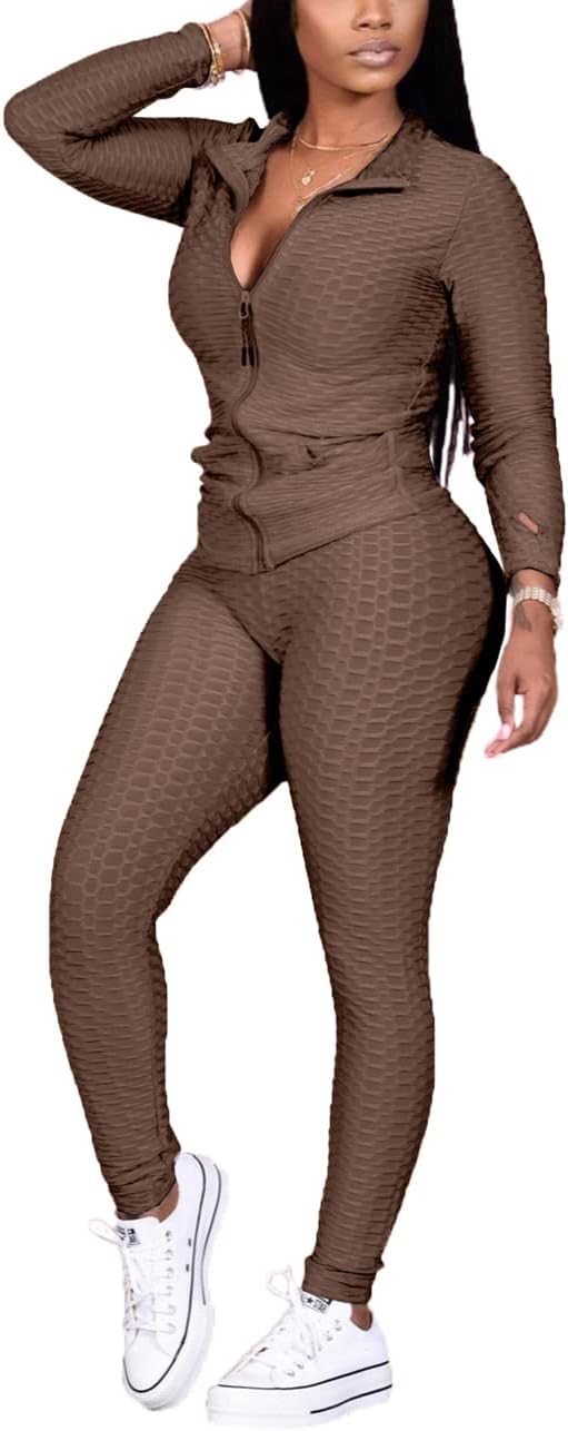 KANSOON Jogging Suits for Women, Textured 2 Piece Outfit Long Sleeve Full Zip Jacket Skinny Pants Tracksuit Set