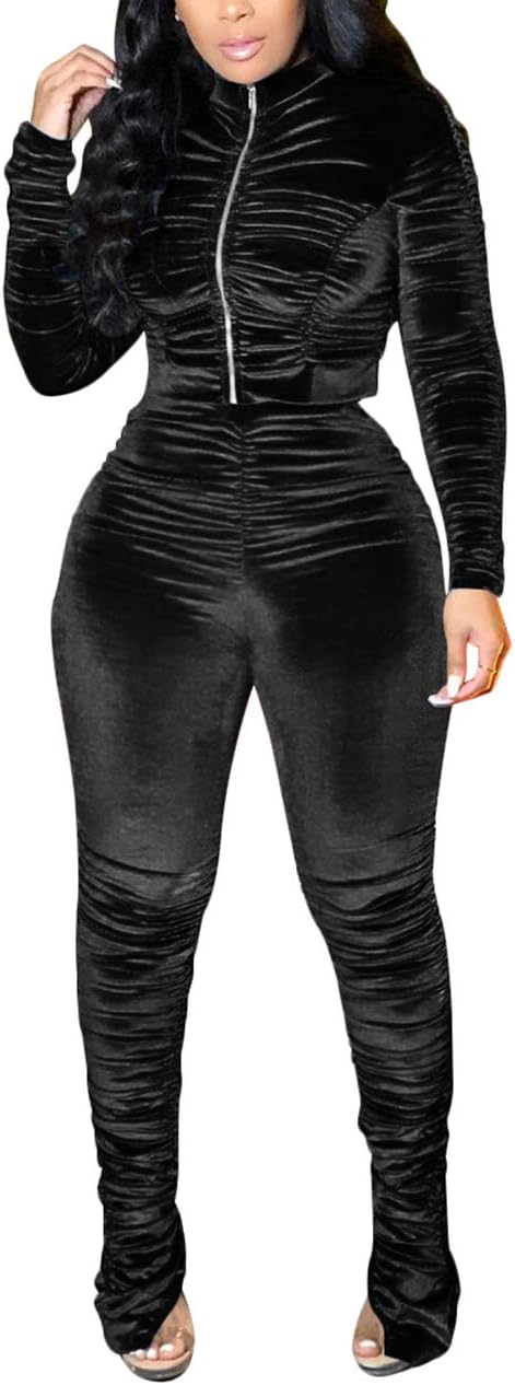 KANSOON Track Suits for Women Set 2 Piece Sweatsuits Outfits Velour Ruched Long Sleeve Zip Up Jacket and Pants Sets