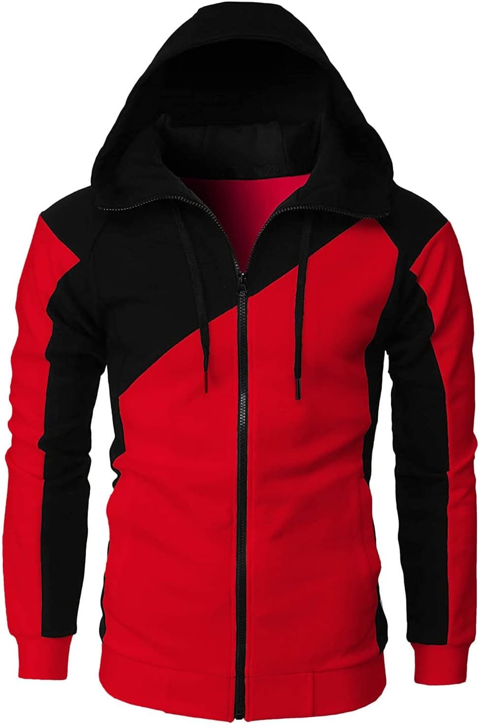 Kaniem Mens Casual Zipper Hoodies Patchwork Jacket Fall Full Zip Sweatshirts Loose Zip-Front Drawstring Hooded Sweatshirt