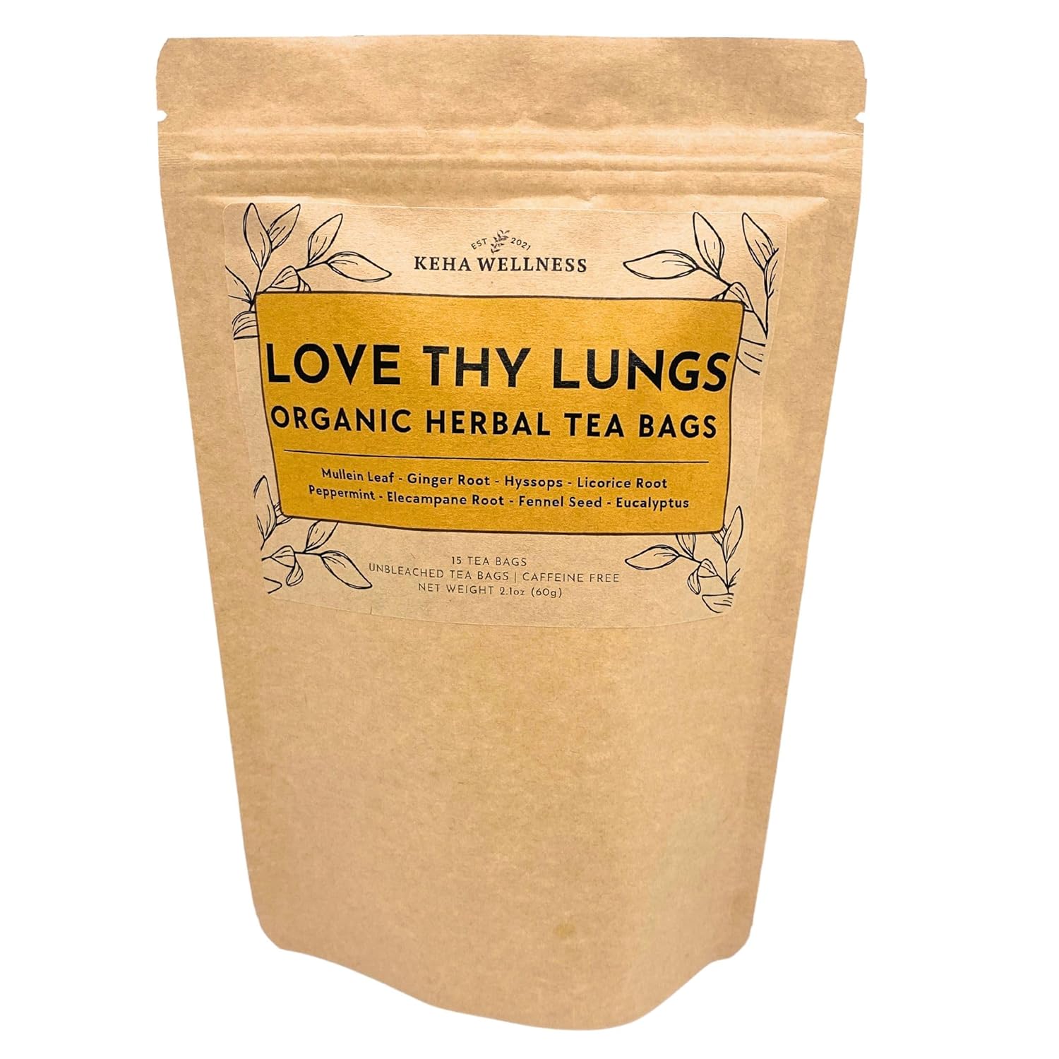 Keha Wellness Organic Love Thy Lungs Herbal Tea Bags, 15 Extra Full and Flavorful Tea Bags, Lung Cleanse and Health Tea, Respiratory Support, Caffeine Free, Made in the USA