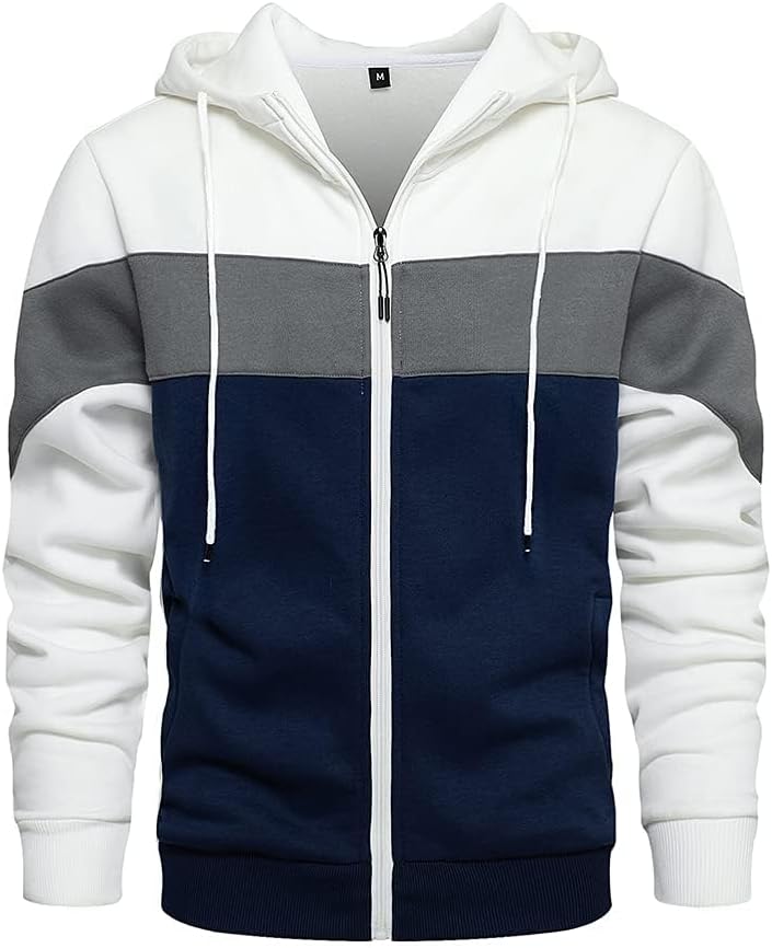 LBL Mens Slim Fit Long Sleeve Zip-up Fleece Hoodie Color Block Sweatshirt with Kangaroo Pocket