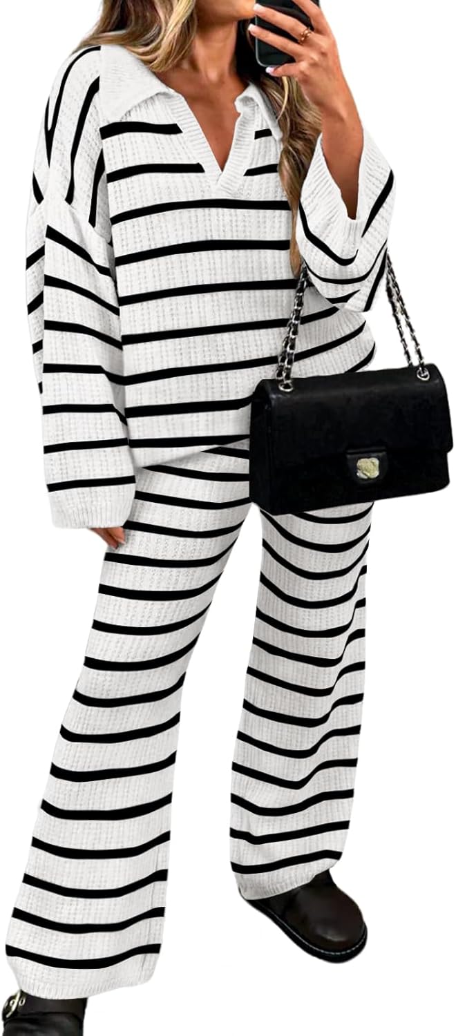 LILLUSORY Womens 2 Piece Lounge Sweater Sets Matching Clothing Crochet Striped V Neck Sweaters and Pants