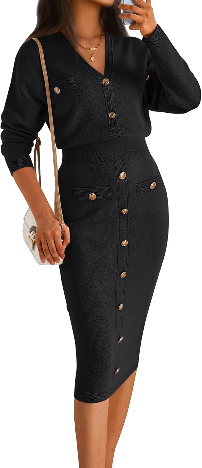 LILLUSORY Womens Lounge Sets 2 Piece Button Down Sweater Dress Two Piece Outfits Winter Spring Clothes Going Out Fall Fahion