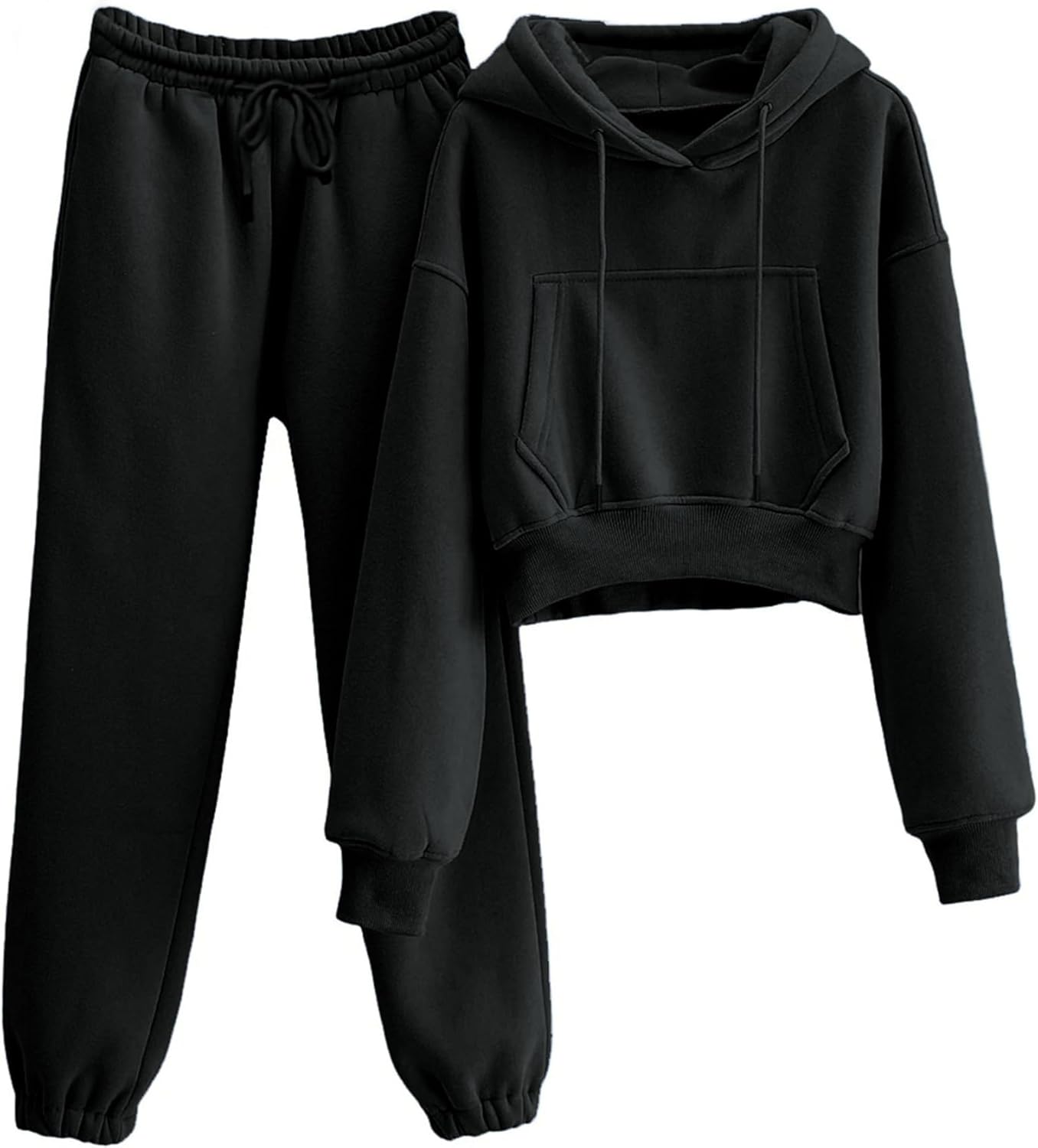 LTSCNRM Women’s 2 Piece Airport Outfits Fleece Crop Hoodies Pullover Sweatshirt Sweatsuits Joggers Pants Pockets
