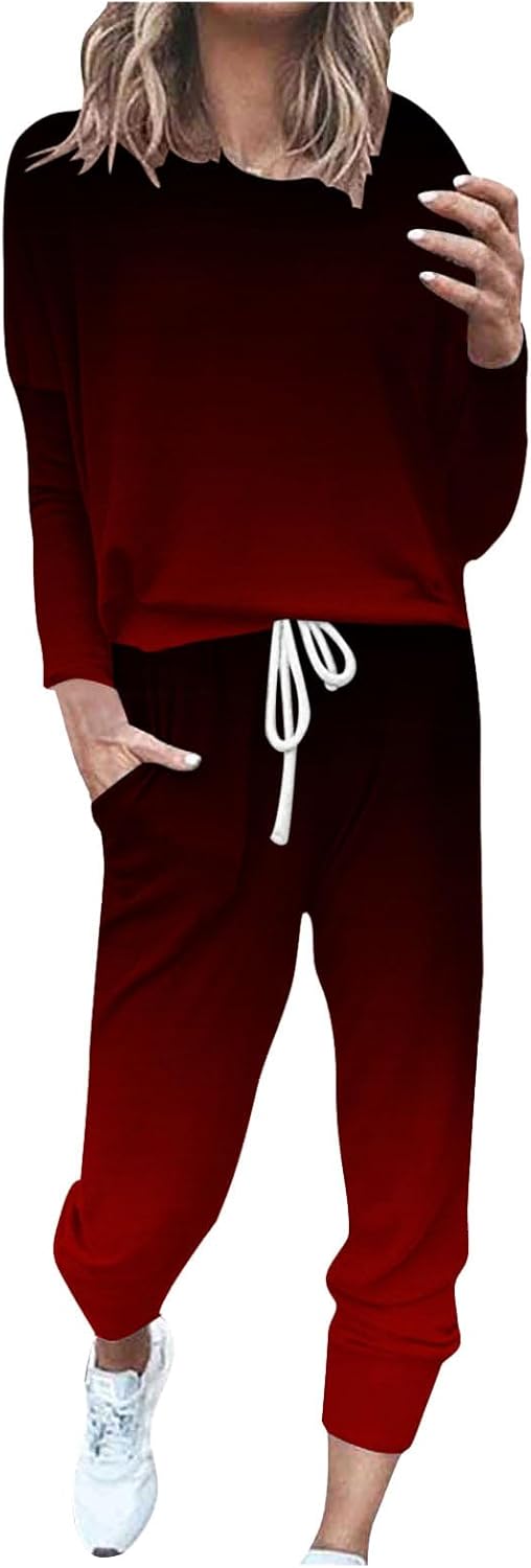 Lastesso Sweat Sets for Women 2 Piece Fashion Gradient Color Tracksuits Loose Long Sleeve Blouse Sweatshirt and Cozy Pants