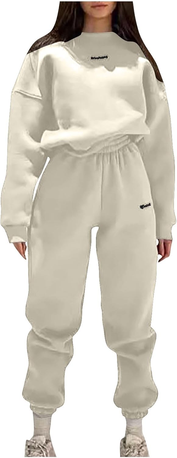 Lastesso Sweatsuits Women 2 Piece Outfit Plus Size Lounge Tracksuits Crew Neck Letter Sweatshirt Matching Active Pants