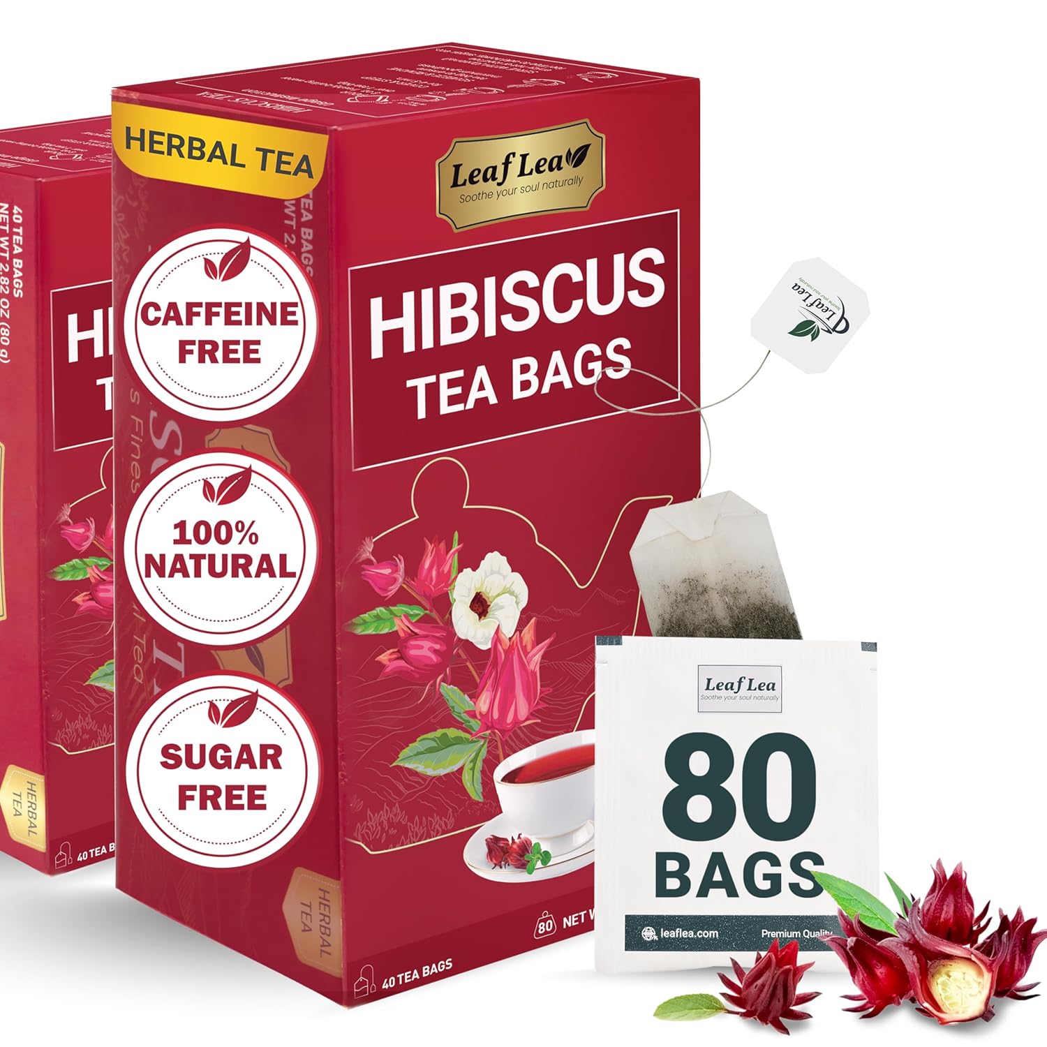 LeafLea Natural Hibiscus Tea Bags, Hibiscus Flower Tea Bags, Supports LeafLea Natural Hibiscus Tea Bags, Hibiscus Flower Tea Bags, Supports Heart Health & Lowers Blood Pressure. Red Hibiscus Tea Bags, Te de Hibisco Natural, Sugar-Free, Caffeine-Free | 80 Tea Bags