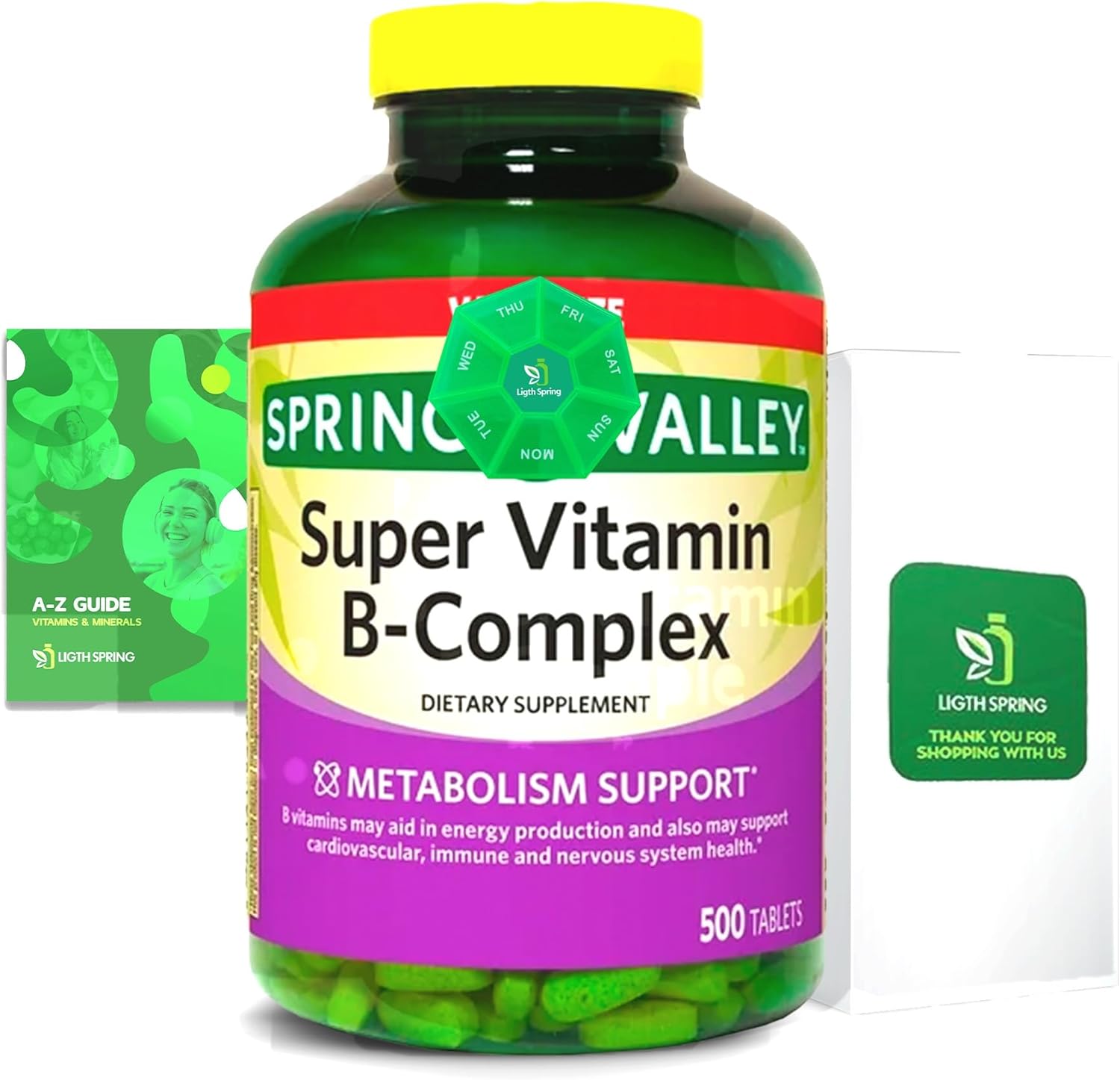 Light Spring Super B-Complex Tablets (500 Count) Vitamin B6, B12, C,Thiamine, Biotin, No Gluten, Complete Dietary Supplement, Includes Light&Spring Guide, Energy & Immunity