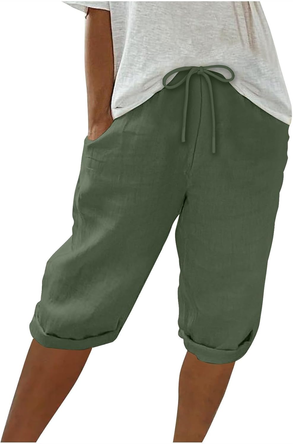 Linen Shorts for Women Knee Length Bermuda Shorts Drawstring Elastic Waist Shorts Casual Athletic Shorts Beach Shorts