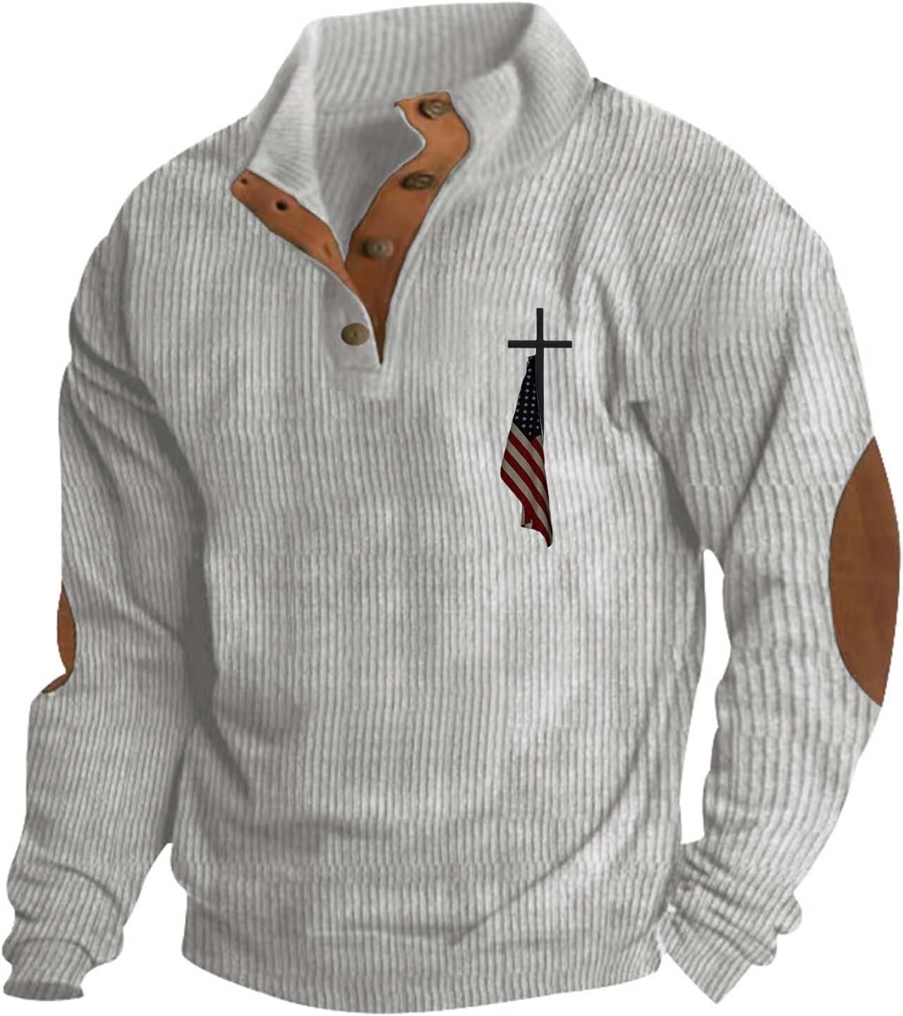 Long Sleeve Shirts for Men America Flag Lightweight Quater Button Stand Collar Corduroy Shirt Casual Polo Sweatshirt