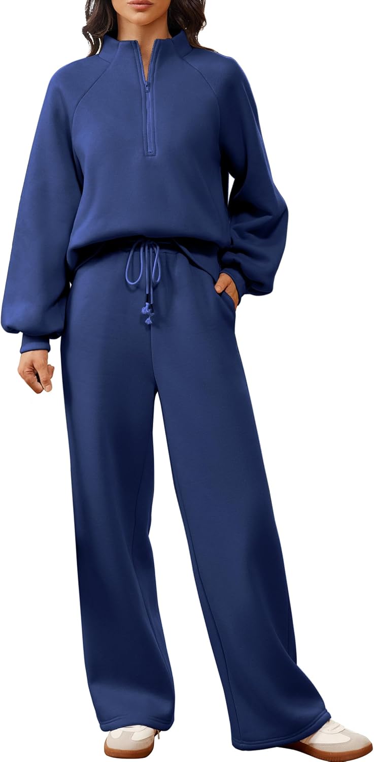 Lounge Sets for Women 2 Piece Warm Fleece Tracksuits Half Zip Sweatshirt Wide Leg Sweatpants with Pockets