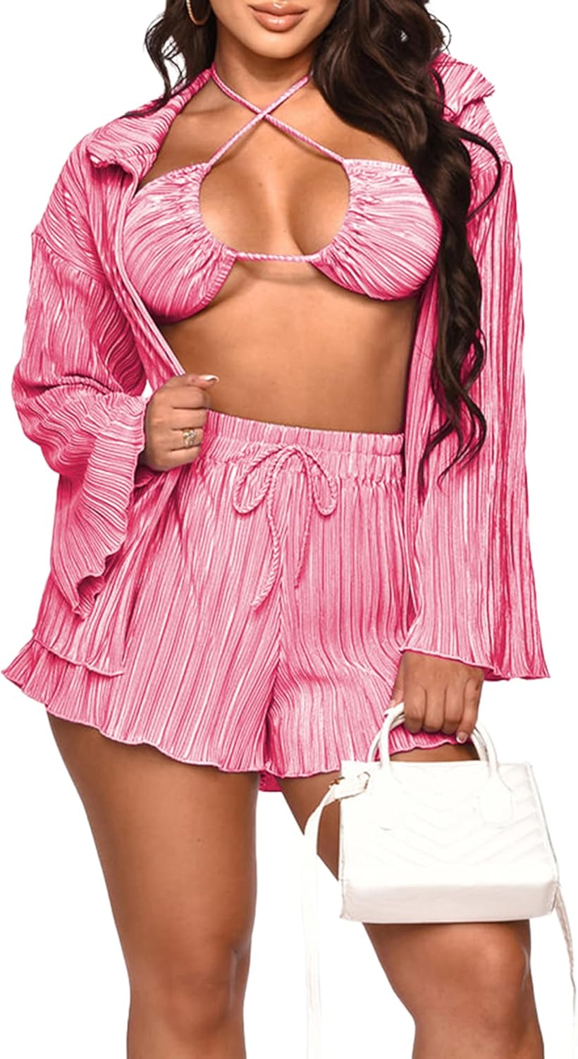 Lounge Sets for Women 3 Piece Vacation Outfits Y2K Ruffle Long Sleeve Pleated Cardigan and Bra Sexy Club Outfits