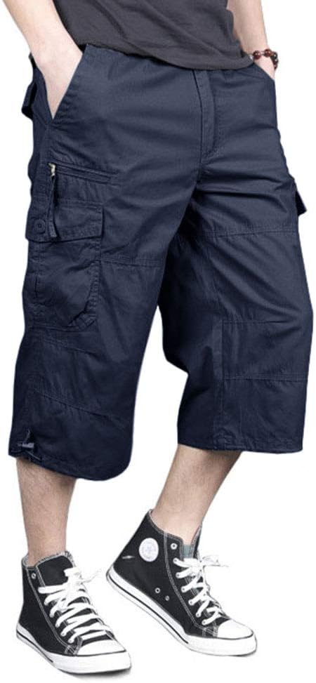 MAGNIVIT Men’s Capri Long Elastic Cargo Shorts Below Knee Shorts 3/4 Cotton Cargo Casual Shorts with Multi-Pockets