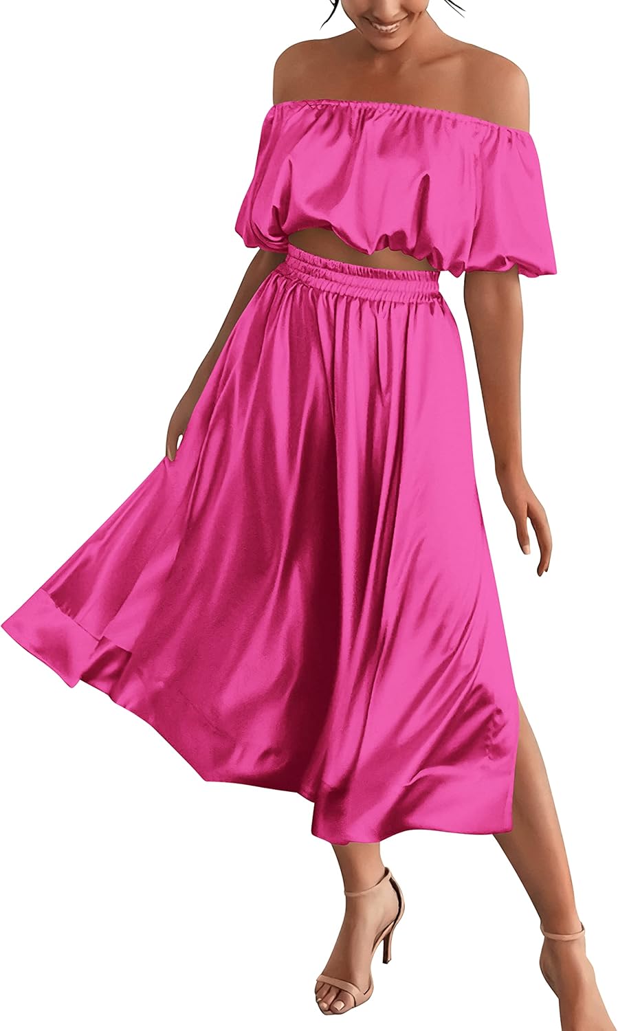 MASCOMODA 2 Piece Outfits for Women Sexy 2024 Summer Satin Puff Sleeve Crop Top and Side Split Maxi Dress Set with Pockets