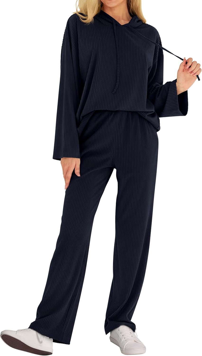 MASCOMODA Fall Two Piece Outfits for Women Ribbed Knit Lounge Set Long Sleeve Hoodie Pullover Tops Wide Leg Pants Tracksuit