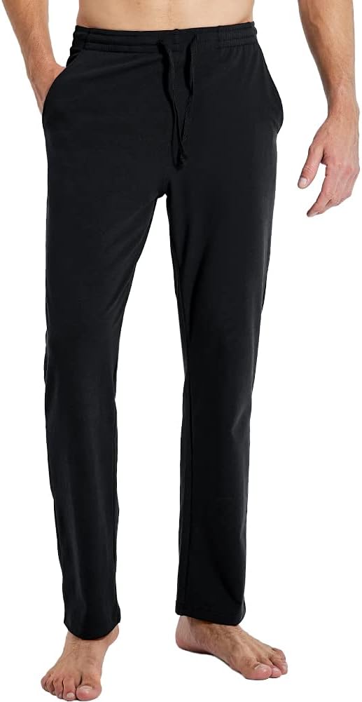 MIER Men’s Cotton Sweatpants with Pockets Lightweight Drawstring Yoga Pajama Lounge Athletic Running Knit Pants, Open Bottom