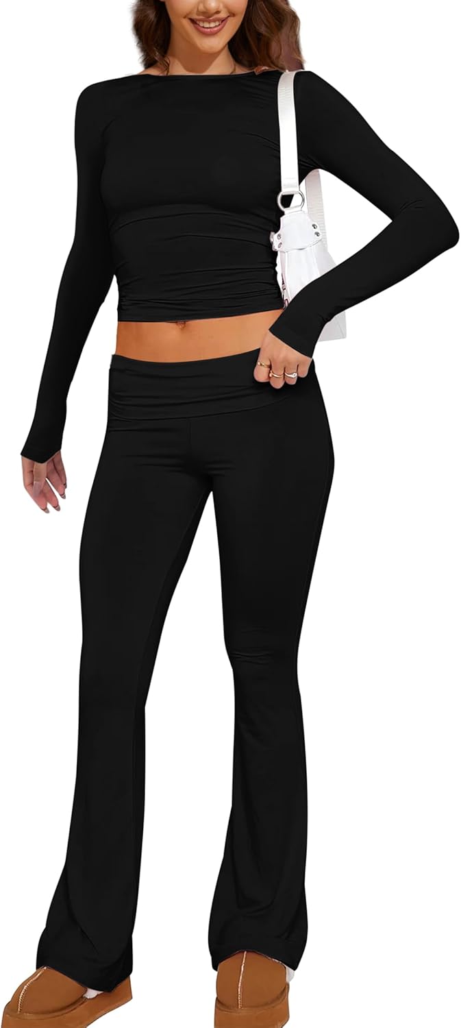 MISSACTIVER Women’s Two Piece Outfit Basic Long Sleeve Crop Top and Low Rise Flare Pants Set Lounge 2 Piece Yoga Tracksuit