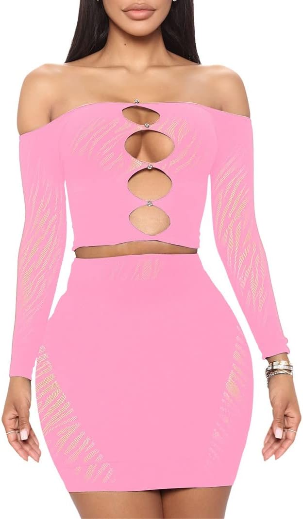 MOEENCN Sexy Two Piece Outfit Mesh Perspective Splice Hollow Out Off Shoulder Long Sleeve Skirt Sets Party Club Night