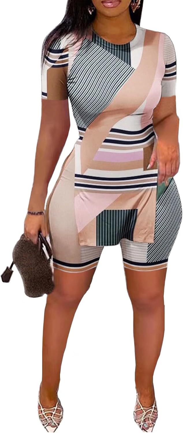 MRSYVES 2 Piece Outfits for Women Short Sleeve Side Split Pullover Shirts and Bodycon High Waist Leggings Pants