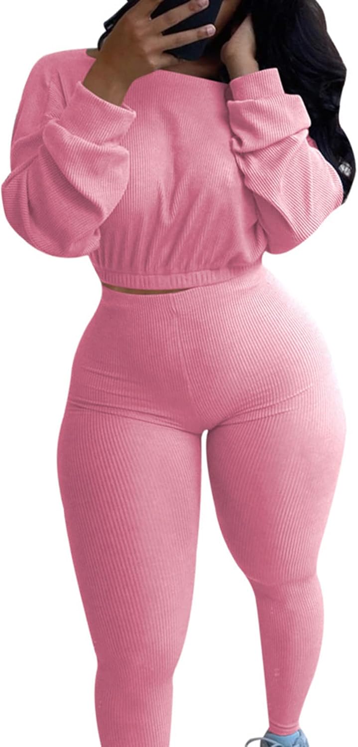 MRSYVES Women 2 Piece Outfits Tracksuit Sexy Long Sleeve Pullover Ribbed Crop Top