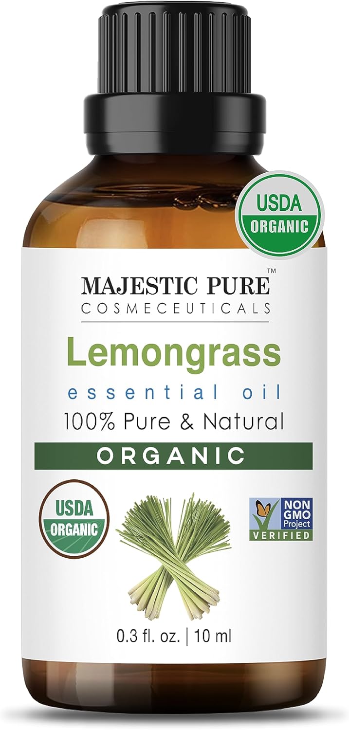 Majestic Pure Organic Lemongrass Essential Oil – 100% Pure Lemongrass Oil for Aromatherapy, Massage & Topical Uses, Perfect for Diffuser & Essential Oil Diffuser – 0.33 fl. oz
