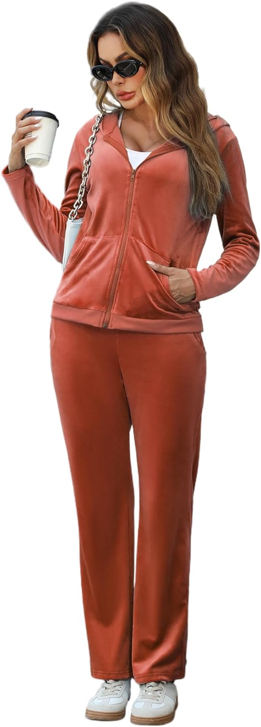 Marvmys Velour Tracksuit Womens 2 Piece Outfits Velvet Sweatsuit Jogging Suit Full Zip Up Hoodie and Sweatpants Set