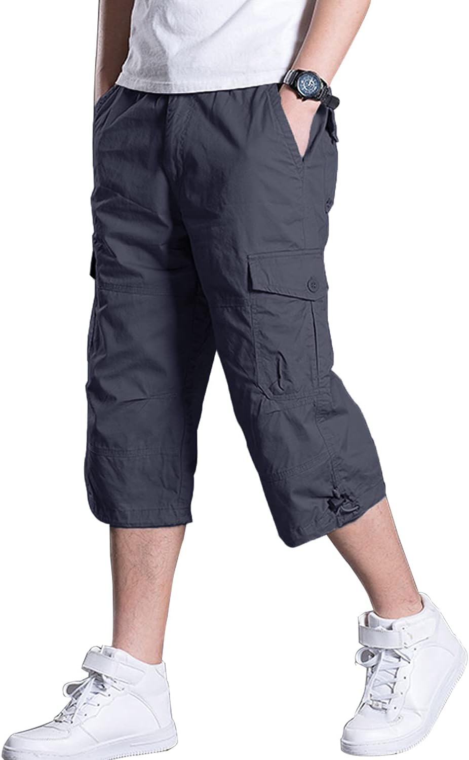 Men’s Casual Cargo Shorts 16″ Inseam Below Knee Multi Pocket 3/4 Capri Long Shorts Twill Relaxed Fit Pants