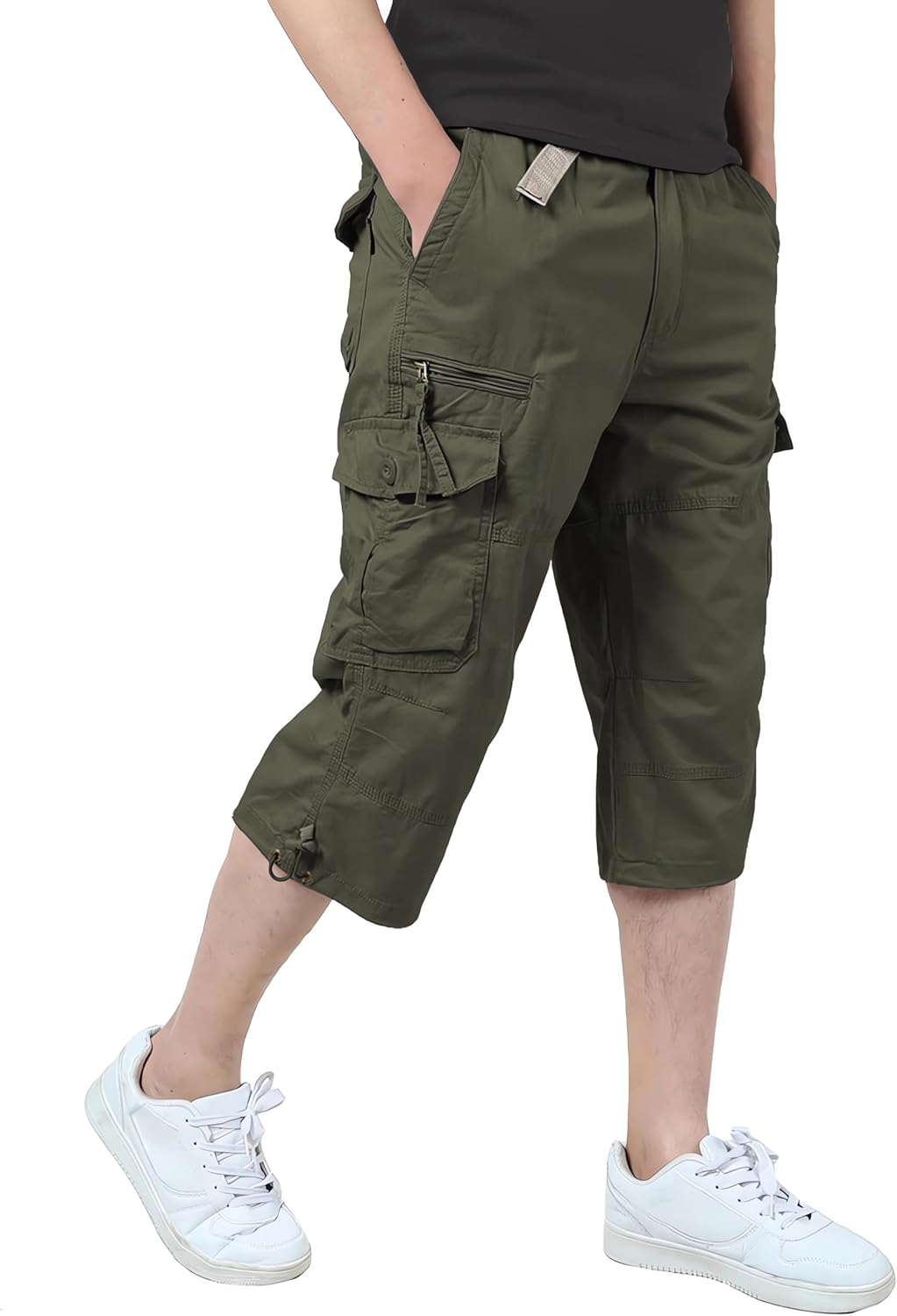 Men’s Casual Twill Elastic Cargo Shorts Loose Fit Multi-Pocket 3/4 Capri Long Shorts Below Knee Casual with 7 Pockets