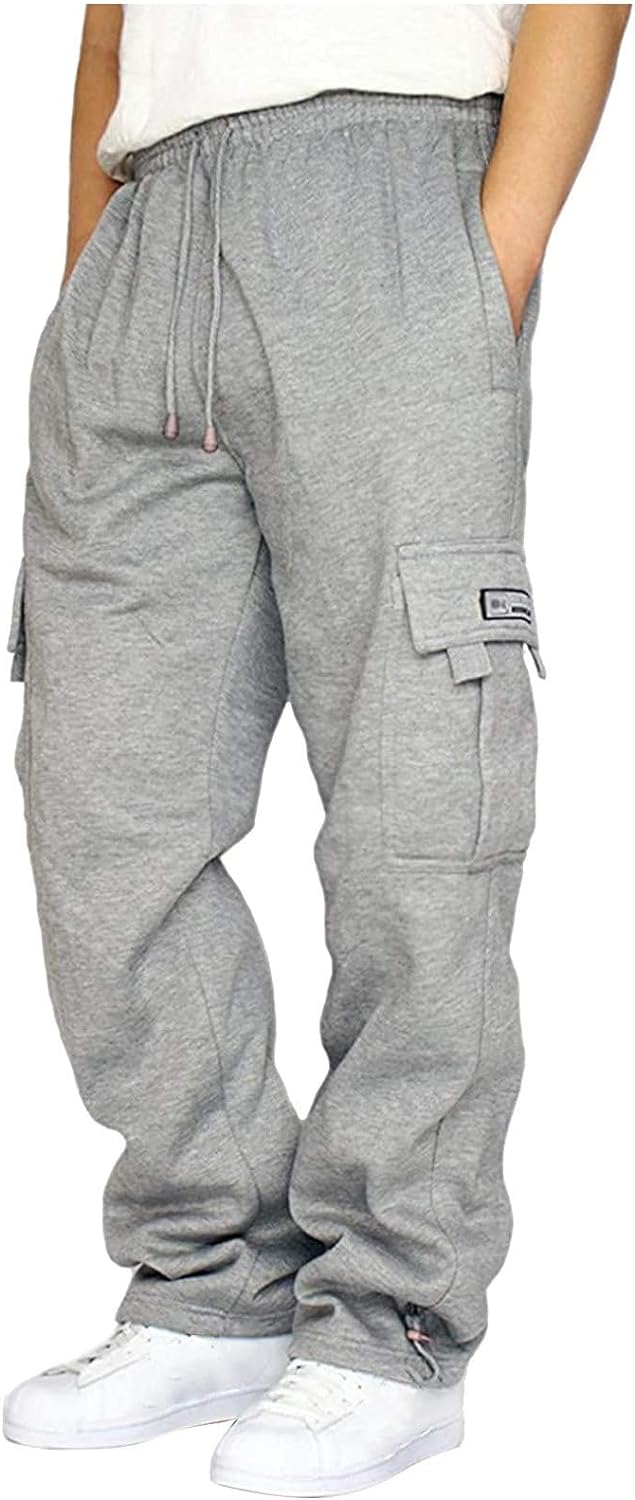 Mens Fleece Cargo Jogger Sweatpants for Adult Drawstring Loose Fit Joggers Sweat Pants with Pockets