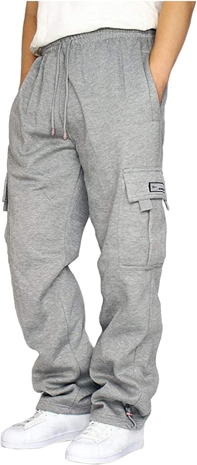 Men’s Fleece Cargo Sweatpants Drawstring Loose Fit Joggers Sweats Pants for Adult with Pockets