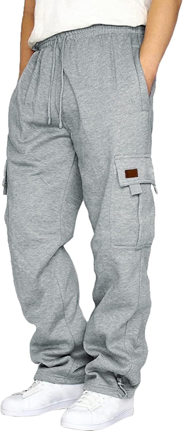 Men’s Heavyweight Fleece Cargo Sweatpants Baggy Elastic Waist Drawstring Sweatpants with Pockets Joggers Trousers