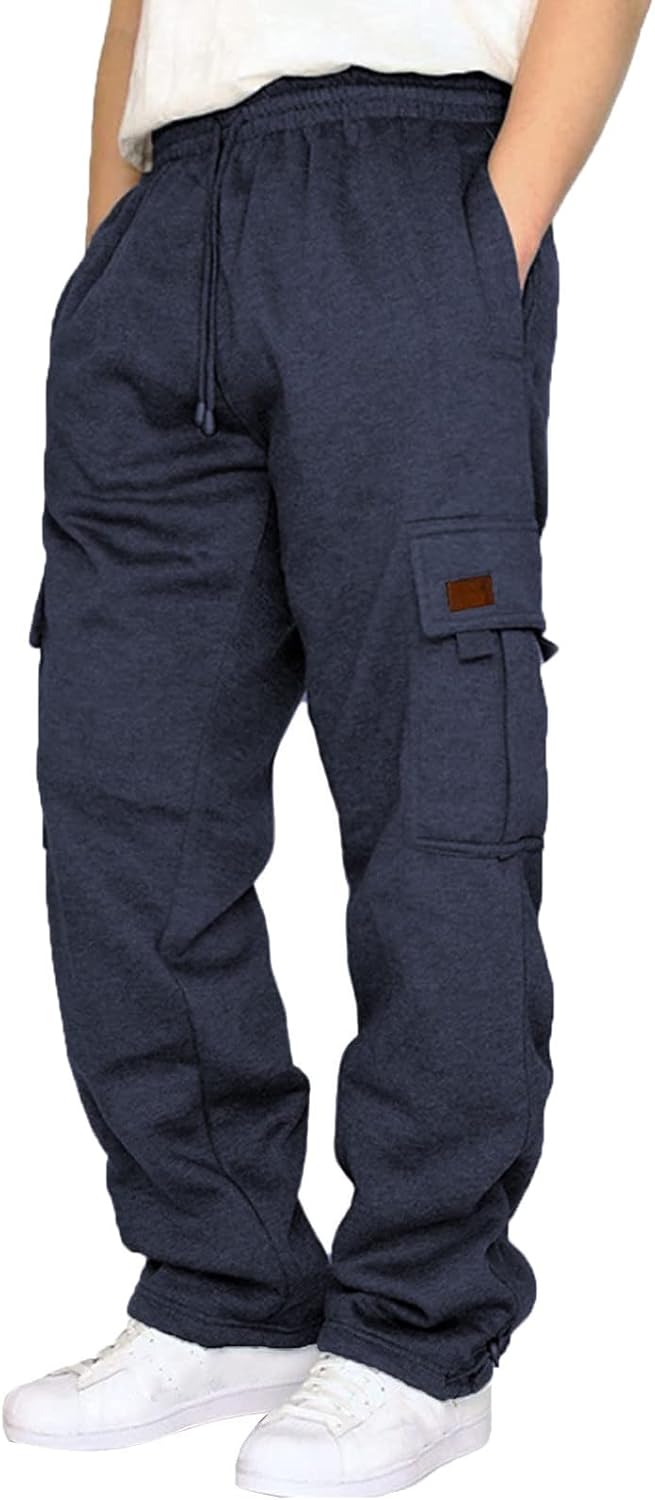Men’s Heavyweight Fleece Cargo Sweatpants Loose Fit Open Bottom Sweat Pants for Men with Pockets Joggers Trousers