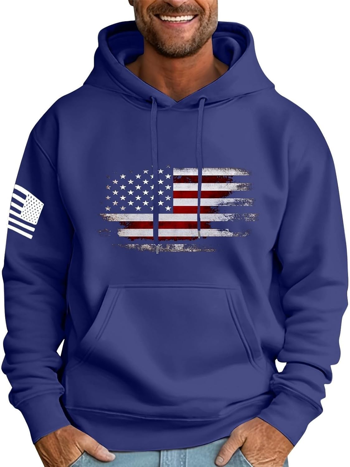 Mens Hooded Sweatshirt Vintage American Flag Casual Long Sleeve Fleece Hoodie Drawstring Workout Pullover with Pocket