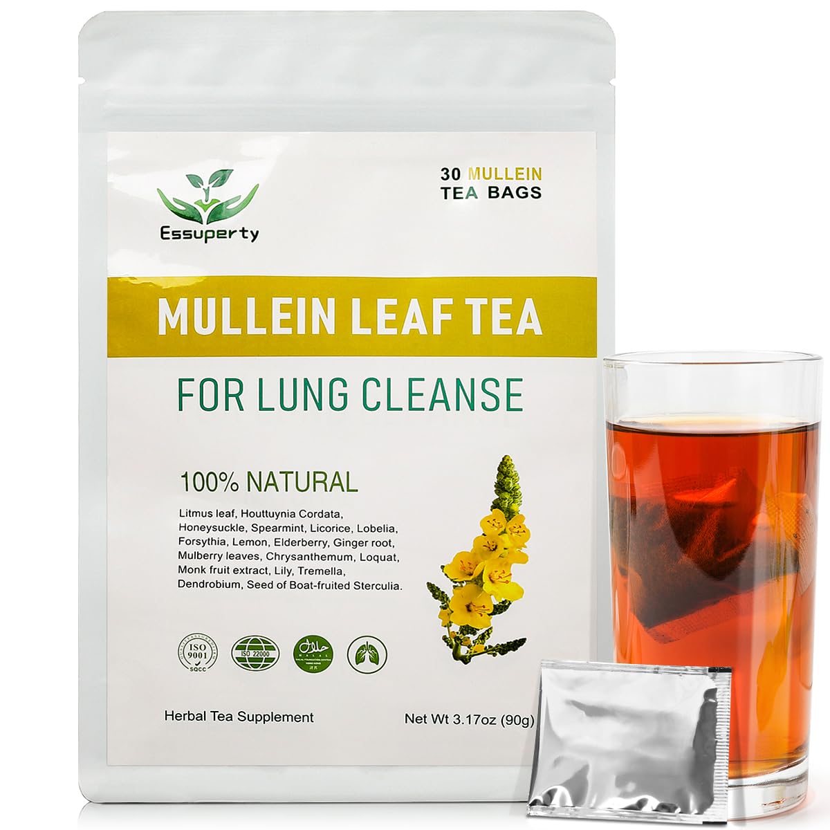 Mullein Leaf Tea – 3.17oz/90g (3g x 30 Bags) – Mullein Herbal Tea for Respiratory Support – Caffeine-Free Lung Support Tea
