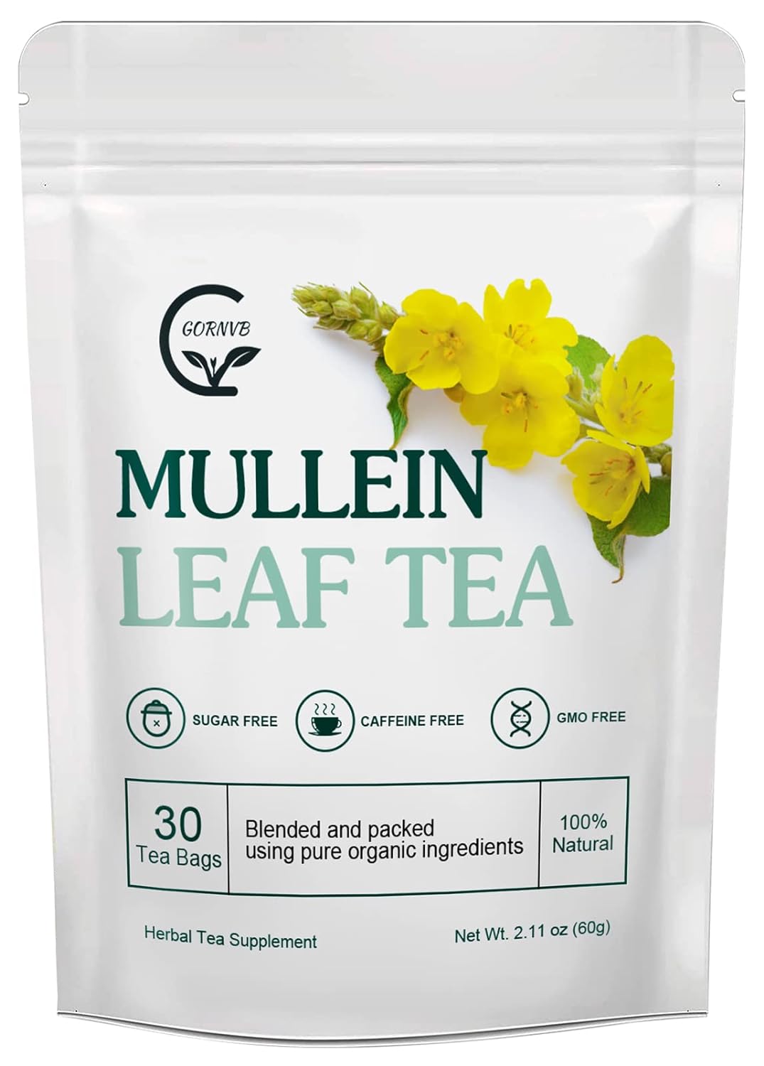 Mullein Leaf Tea Bags – Lungs Cleanse and Respiratory Support, Herbal Teas, Caffeine Free, 30 Tea Bags