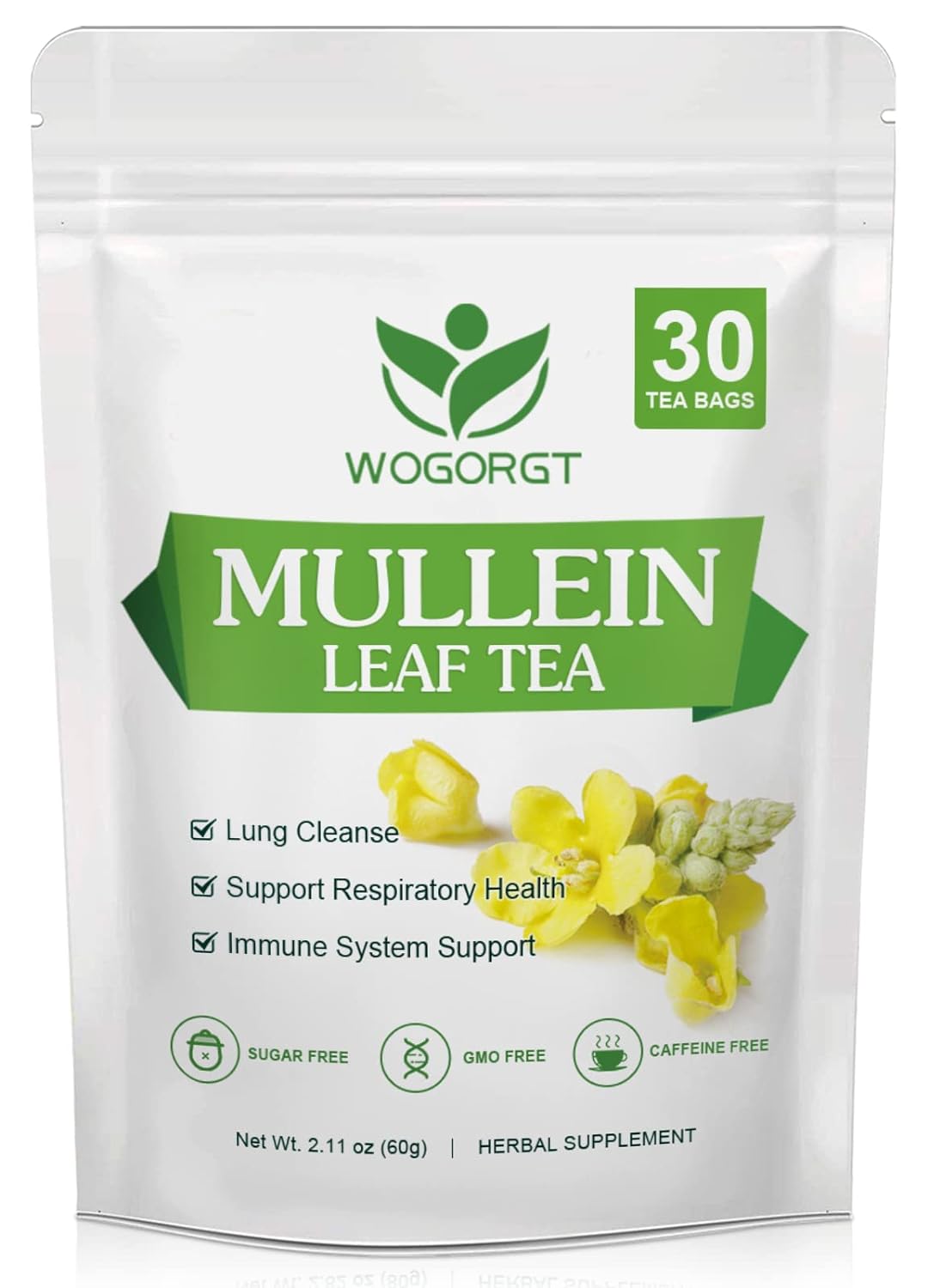 Mullein Tea Bags – Organic Mullein Leaf Tea for Lungs Cleanse and Respiratory Support, Caffeine Free – 30 Tea Bags