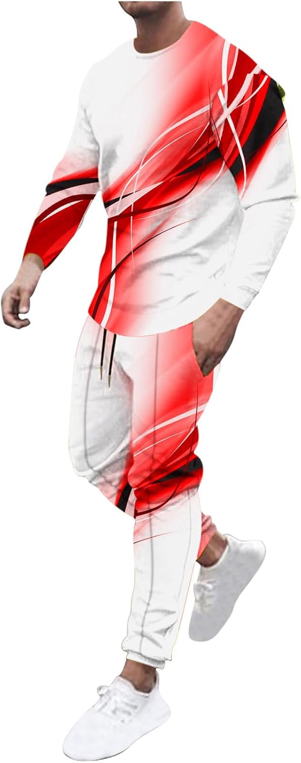 Muscularfit Men’s Casual Active Tracksuits Sports Line Print Pullover Crewneck Sweatshirts Athletic Jogging 2 Piece Outfits