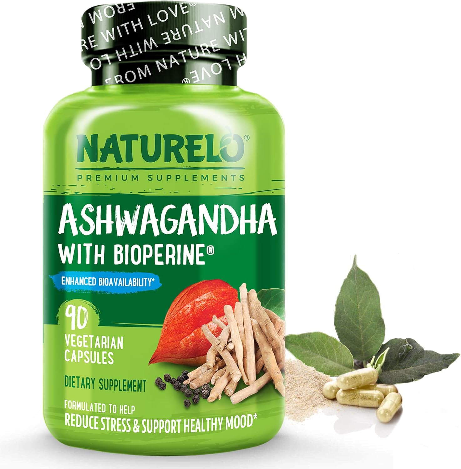 NATURELO Ashwagandha Organic Root Powder – Natural Herbs Supplement for Fatigue, Stress Relief, Mood Enhancer – with Black Pepper Extract – 90 Vegan Capsules