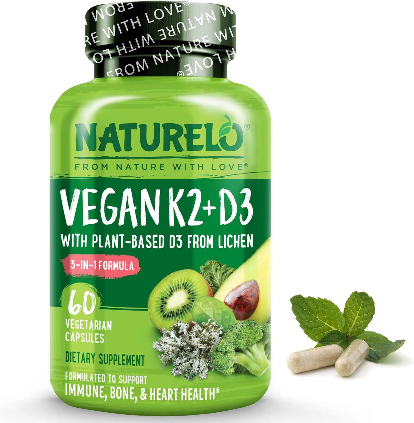 NATURELO Vegan K2+D3 – Plant Based D3 from Lichen – Natural D3 Supplement for Immune System, Bone Support, Joint Health – Whole Food – Vegan – Non-GMO – Gluten Free,Capsule (60 Count (Pack of 1))