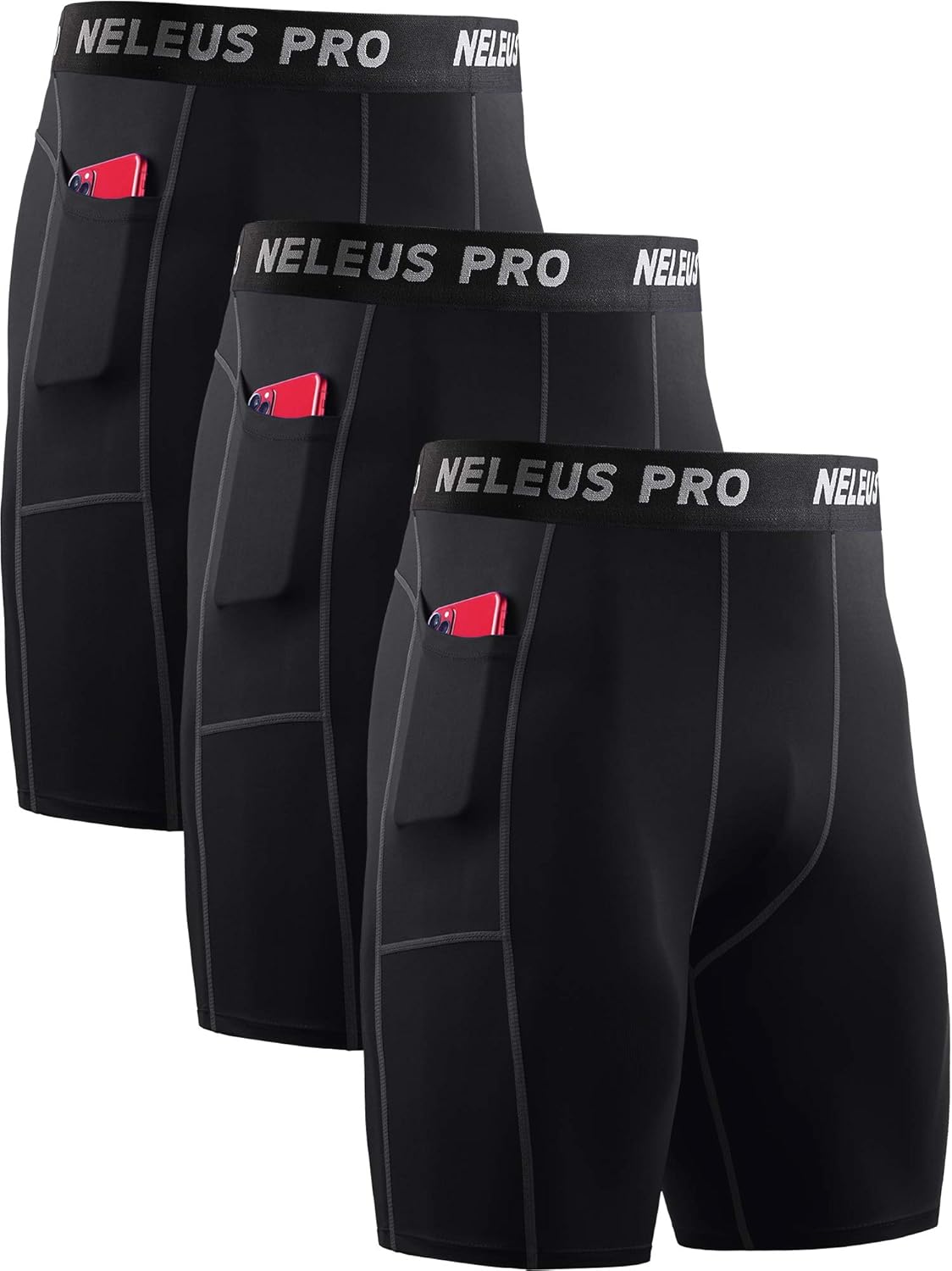 NELEUS Men’s Compression Short with Pocket Dry Fit Yoga Running Shorts Pack of 3