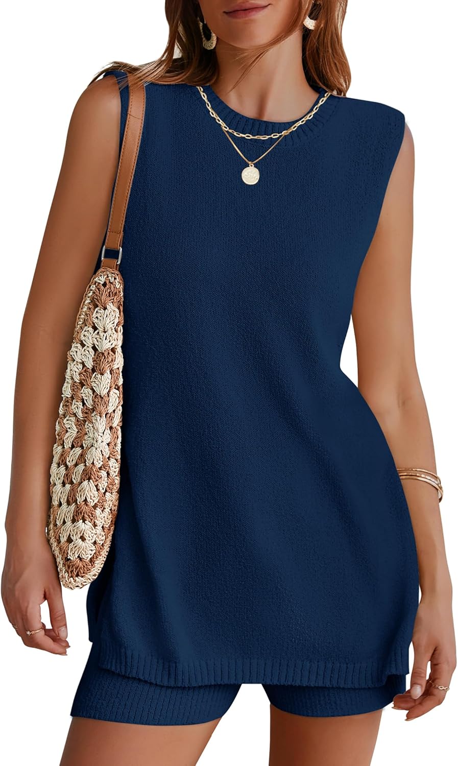 NENONA Women’s Summer Sleeveless Sweater Sets Casual Knit Tunic Tops and Shorts 2 Piece Outfits